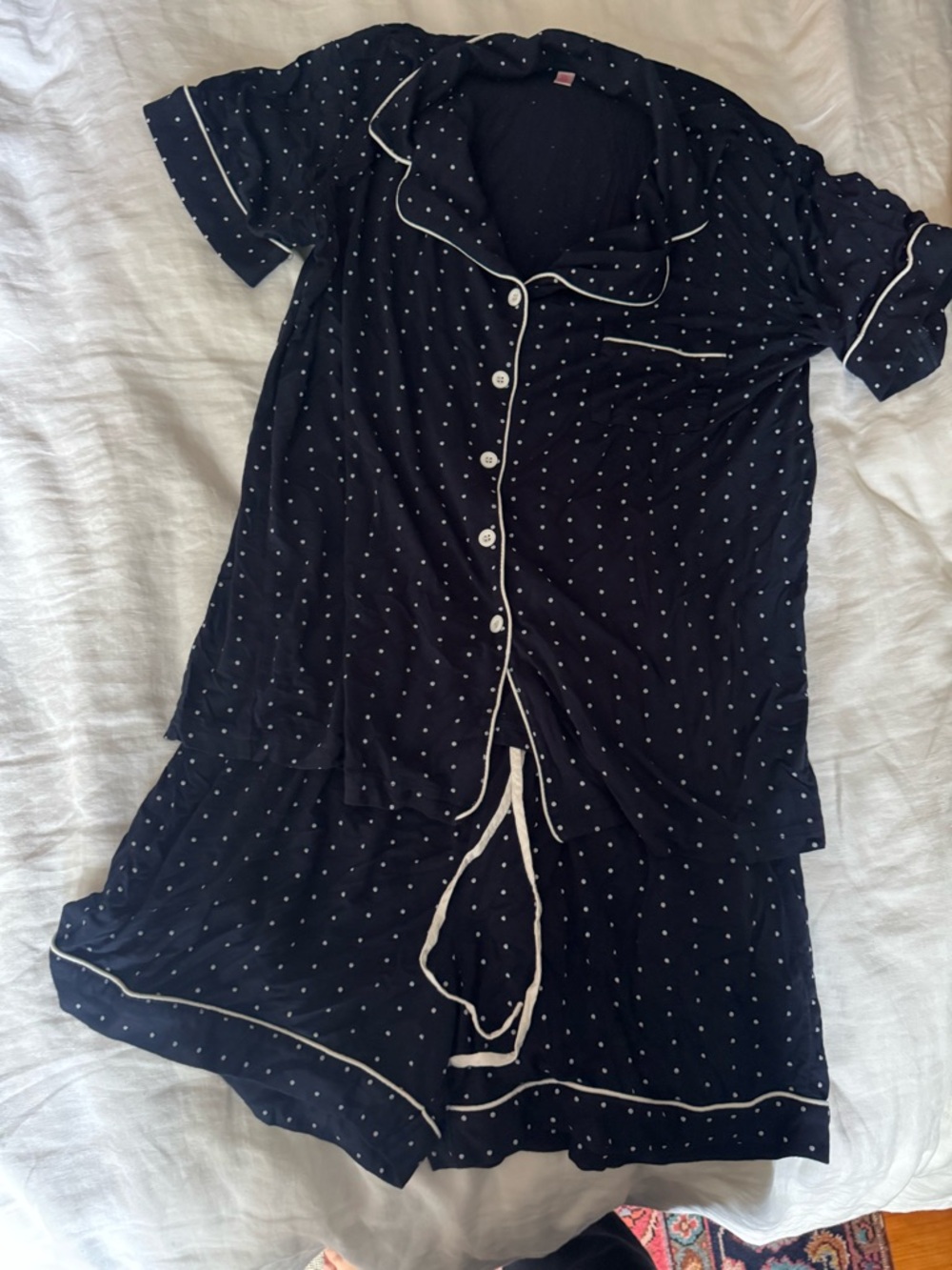 Navy women’s Polka Dot Button-Up Pajama Set with White Piping